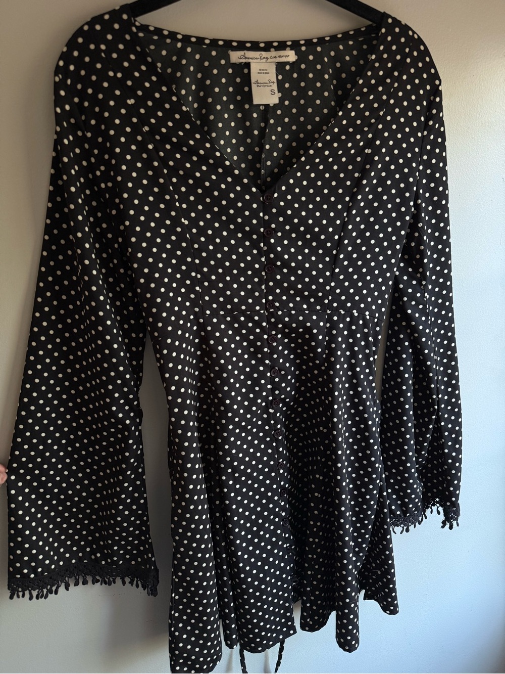 American Rag Black and White Polka Dot V-Neck Dress